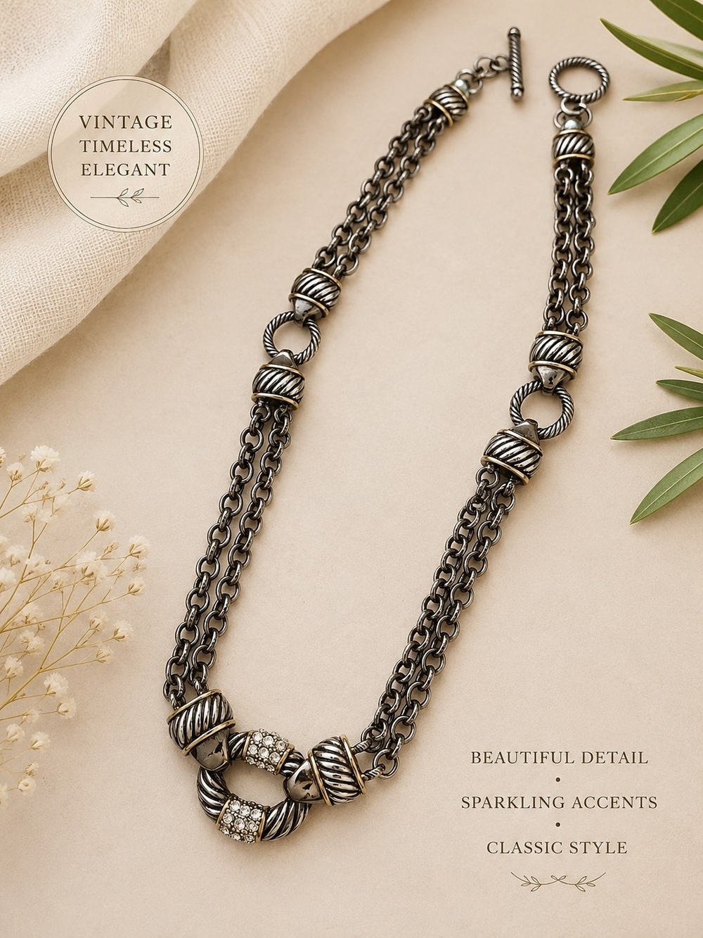 Vintage-Inspired Double Chain Rhinestone Statement Necklace - Silver